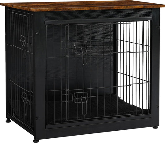 Dog Crate Furniture with Cushion, Wooden Kennel Table with Double Doors, Indoor Dog House, Small/Medium/Large Size, 27.2" L, Black+Rustic Brown