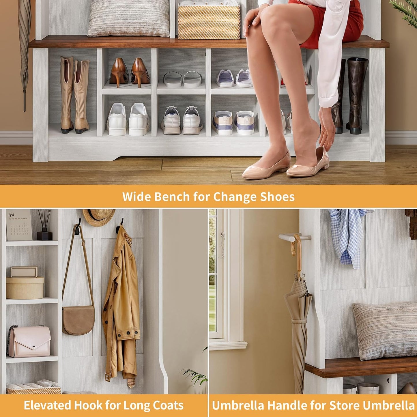 59" Wide Hall Tree with Bench and Storage for Hallway Entryway, 10 Shoe Cubbies & 10 Coat Hooks, 4-Tier of Center Storage Open Cabinets, Coat Rack with Space for Bedroom Living Room (White)