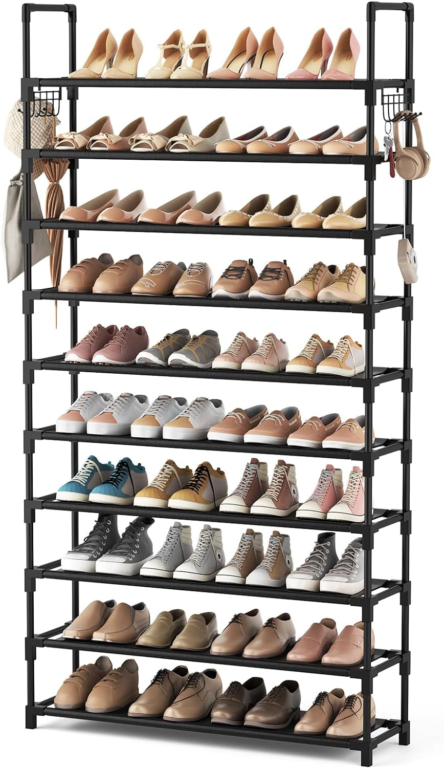 10 Tier Shoe Rack Tall Large Capacity Wide Shoe Organizer with Two Hooks Sturdy Metal Shoe Shelf for Entryway, Closet, Bedroom