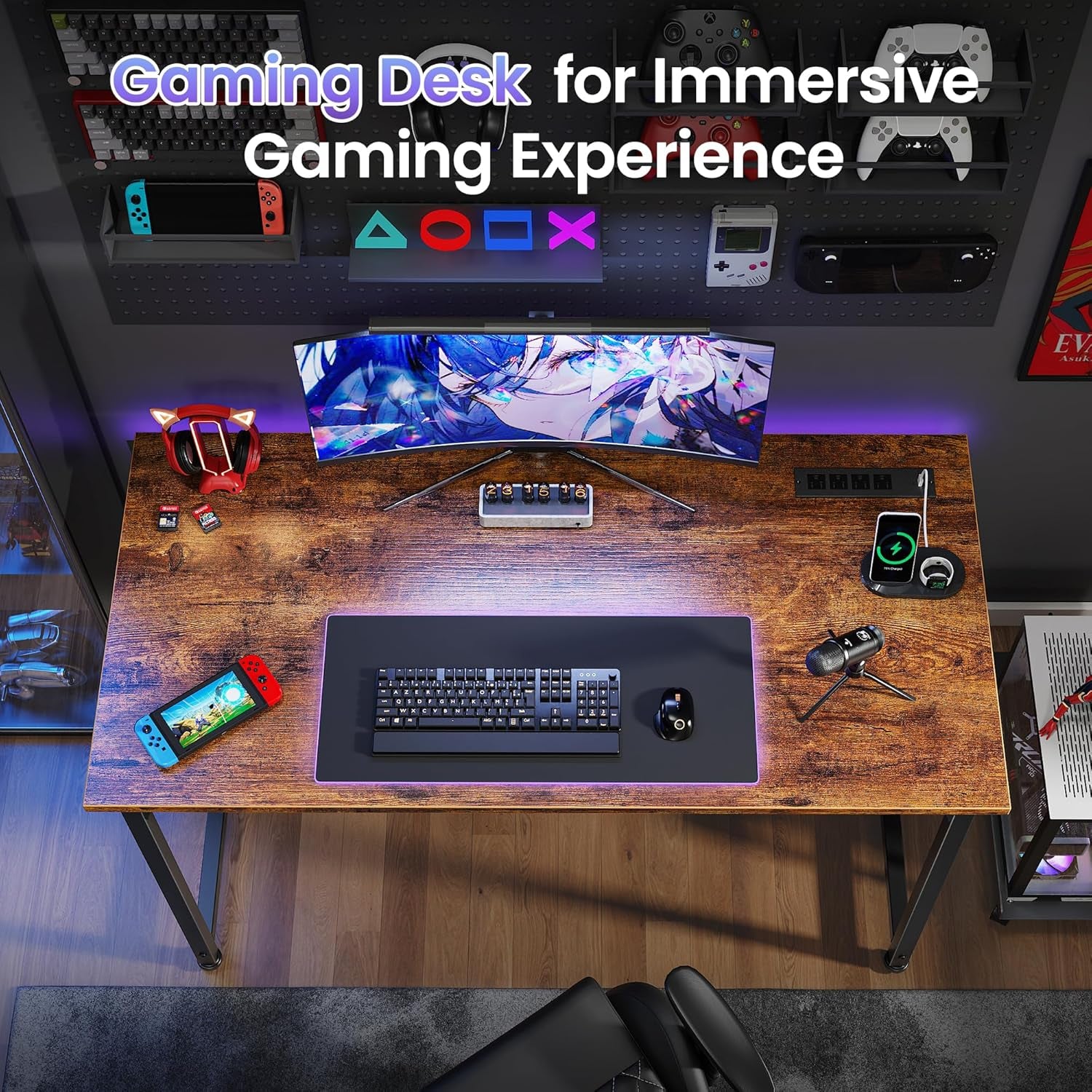 40 X 20 Inch Computer Desk with Power Outlets and USB-C Port, Gaming Office Desk with Deeper Desktop, Writing Work Desk for Home Office, Study, Bedroom, Metal Frame, Rustic Brown