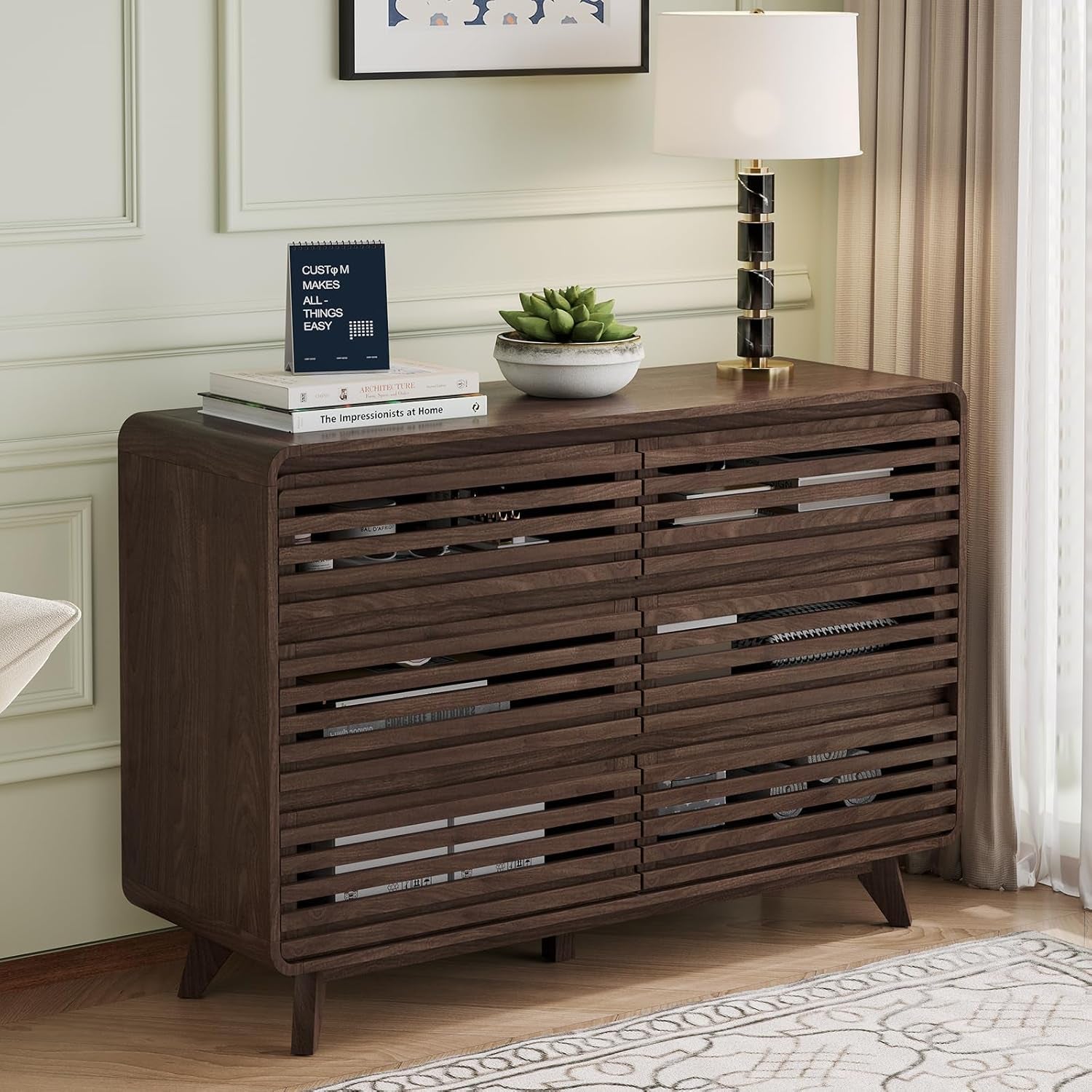 3 Piece Bedroom Set, Dresser and Nightstand Sets, Fluted 6 Drawer Dresser and Nightstand Set of 2, Wood Wide Chest of Drawers Storage Organizer Cabinet Set, Dark Walnut
