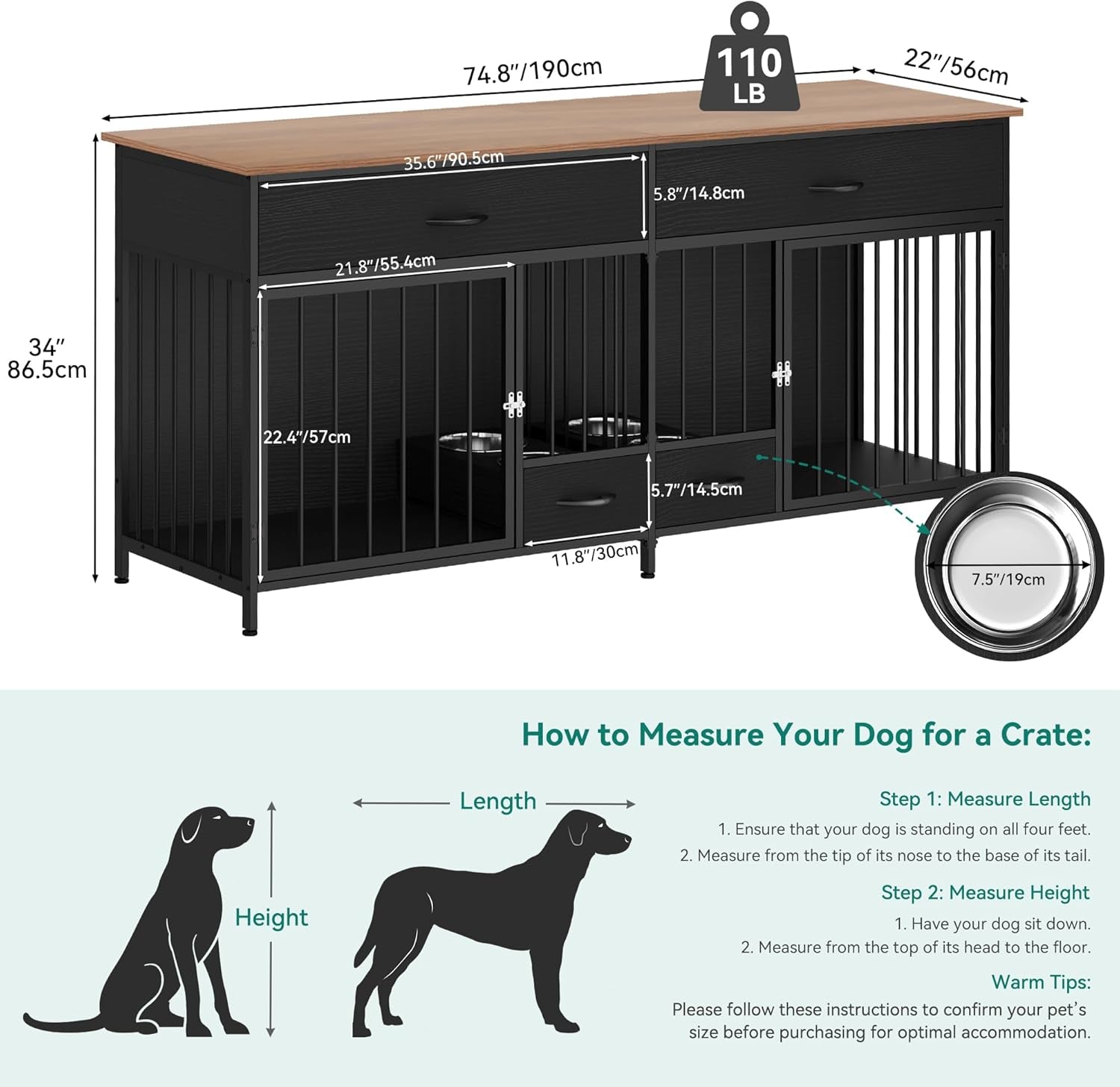 Double Dog Crate TV Stand with Dog Feeder, 74.8" Wooden Large Dog Kennel with Storage, Double Dog Crate Furniture for 2 Small Medium Dogs, Brown