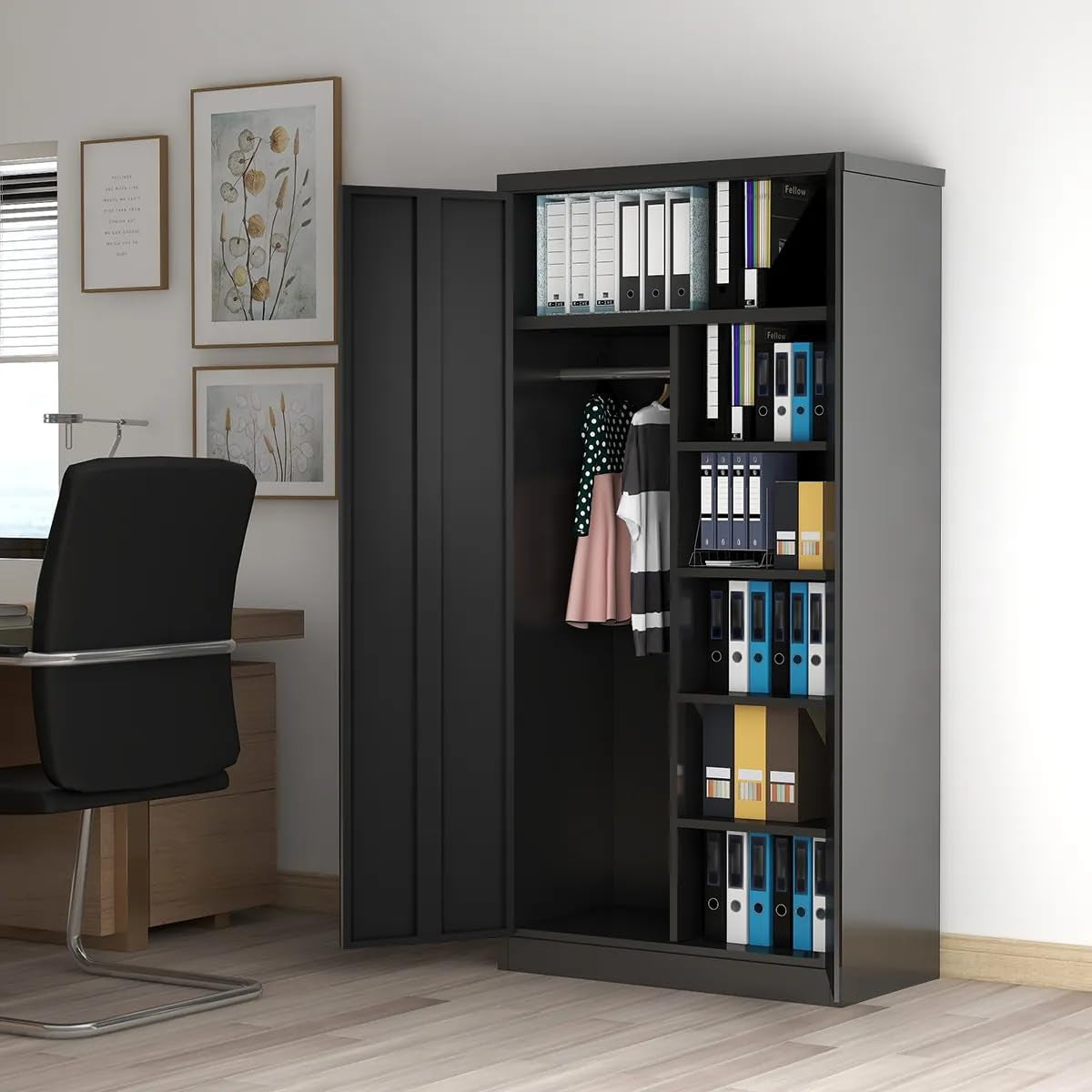 Metal Wardrobe Cabinets with Lock, 72" Clothing Storage Cabinets with Hanging Rod and 4 Adjustable Shelves, Armoire Wardrobe for Office, School, Employee, Government (Black)