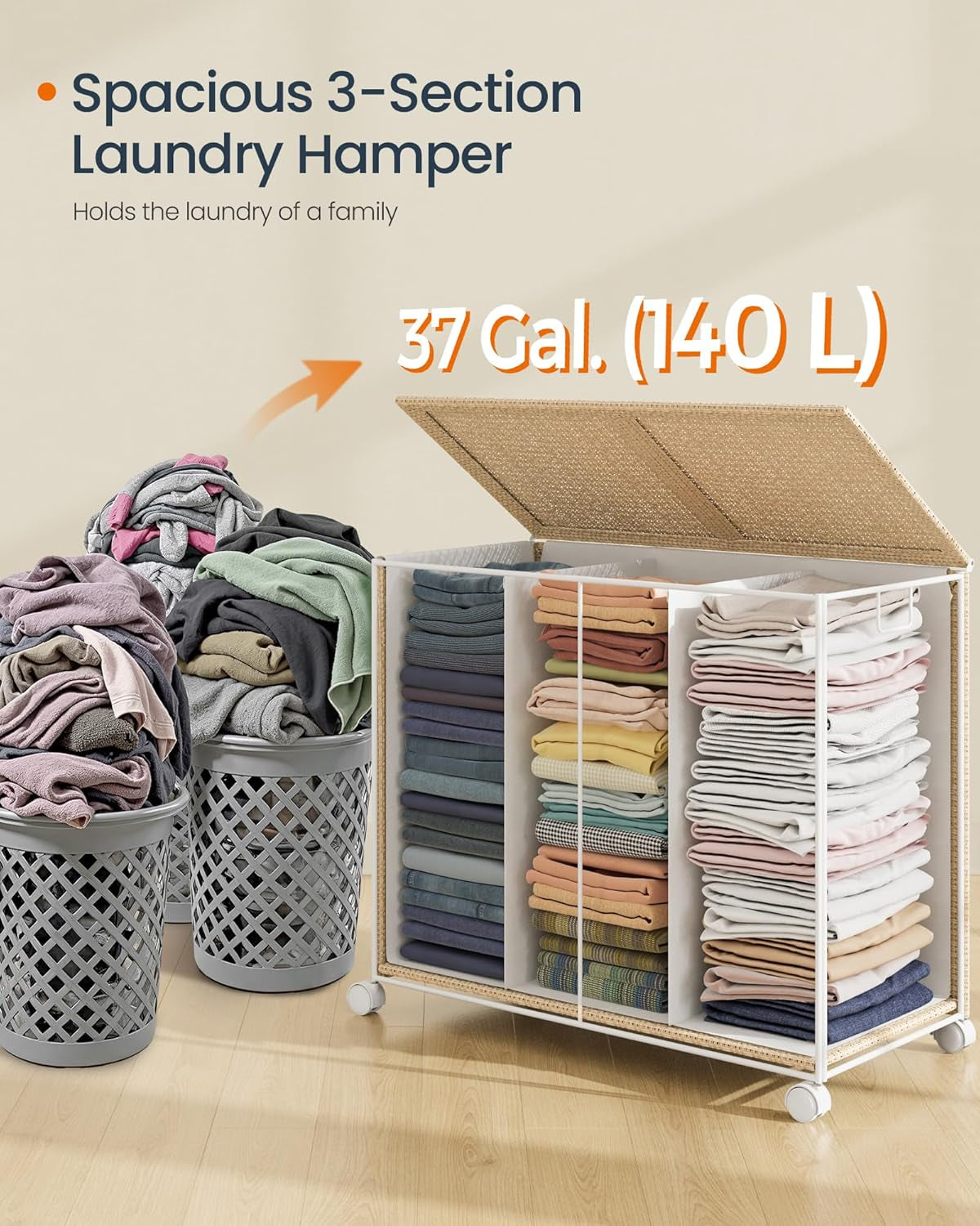 Laundry Hamper with 3 Section, Large 140 L Rolling Laundry Basket with Wheels, Rattan Clothes Basket with Lid, Removable Liner with Handles, Natural Beige and Matte White ULCB602N01