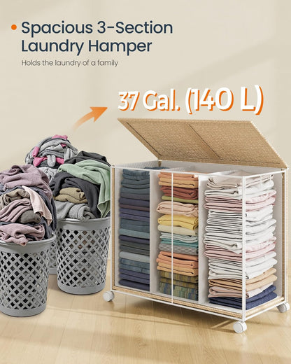 Laundry Hamper with 3 Section, Large 140 L Rolling Laundry Basket with Wheels, Rattan Clothes Basket with Lid, Removable Liner with Handles, Natural Beige and Matte White ULCB602N01