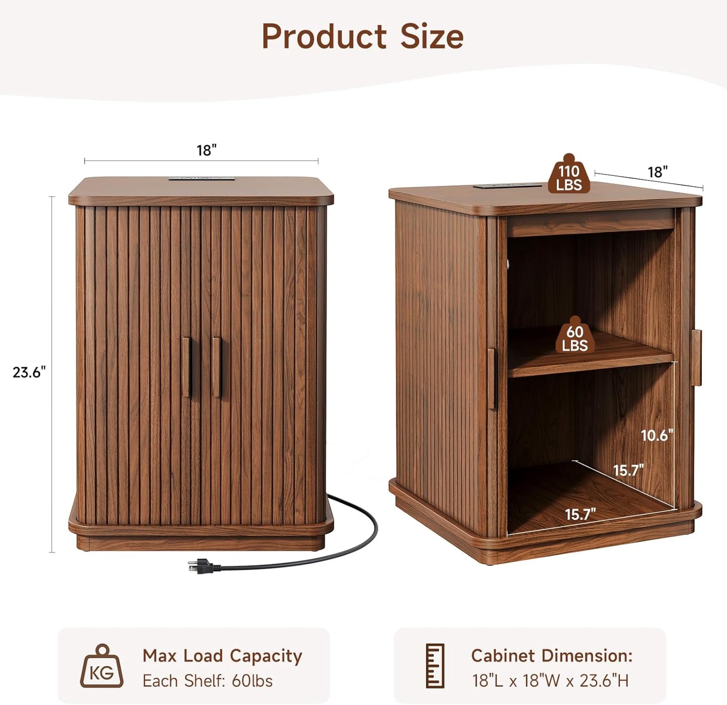 Square End Table with Storage & Charging Station, Fluted Accent Side Table with Sliding Door & Sturdy Pedestal, Mid-Century Modern Nightstand for Small Space, Living Room, Bedroom, Walnut