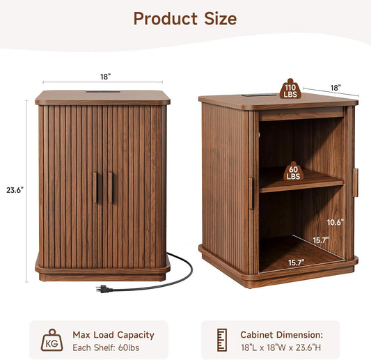Square End Table with Storage & Charging Station, Fluted Accent Side Table with Sliding Door & Sturdy Pedestal, Mid-Century Modern Nightstand for Small Space, Living Room, Bedroom, Walnut