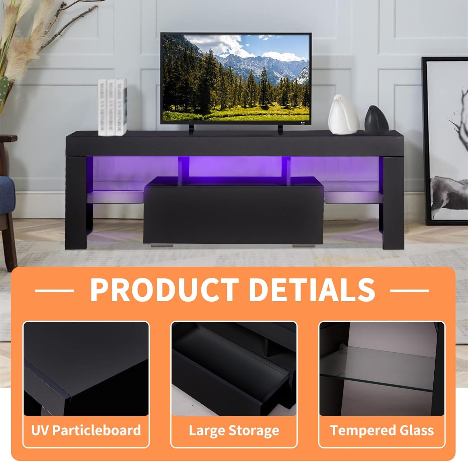 LED TV Stand for Televisions up to 55 Inchs,Modern Entertainment Center with Storage Drawer and Glass Shelf, TV Console Table for Living Room,Bedroom (Black, 50In)