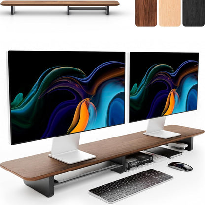 Dual Monitor Riser with Integrated Metal Shelf - Wooden Desk Shelf for Top of Desk - Wood Monitor Stand for Desk 2 Monitors / Tv - Dual Monitor Stand Riser for Desk - Large Walnut Monitor Stand