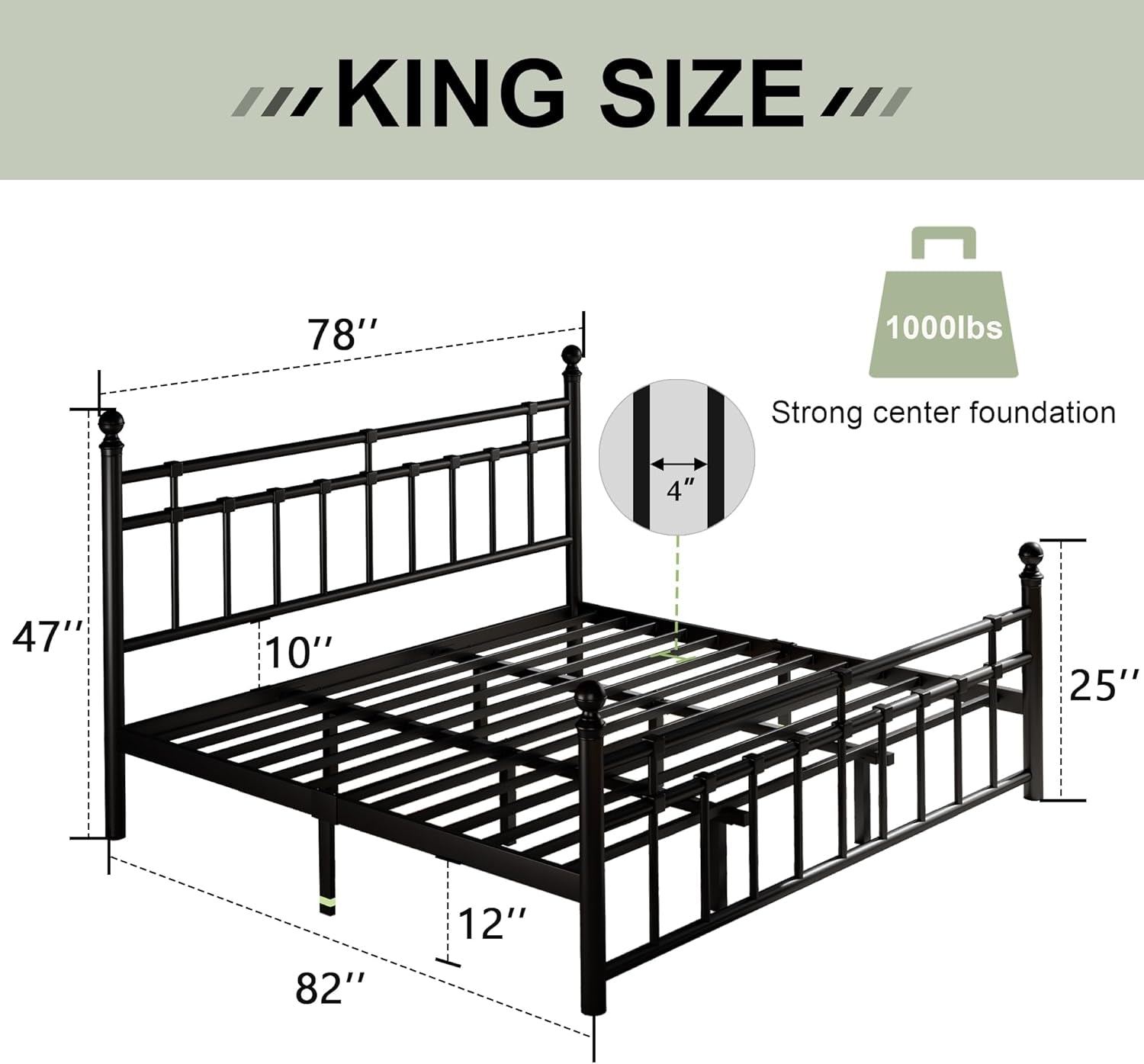 King Size Metal Platform Bed Frame with Victorian Classic Iron-Art Headboard & Footboard, Steel Slats Support, 12" under Bed Storage, No Box Spring Needed, Easy Assembly, Noise-Free, Black