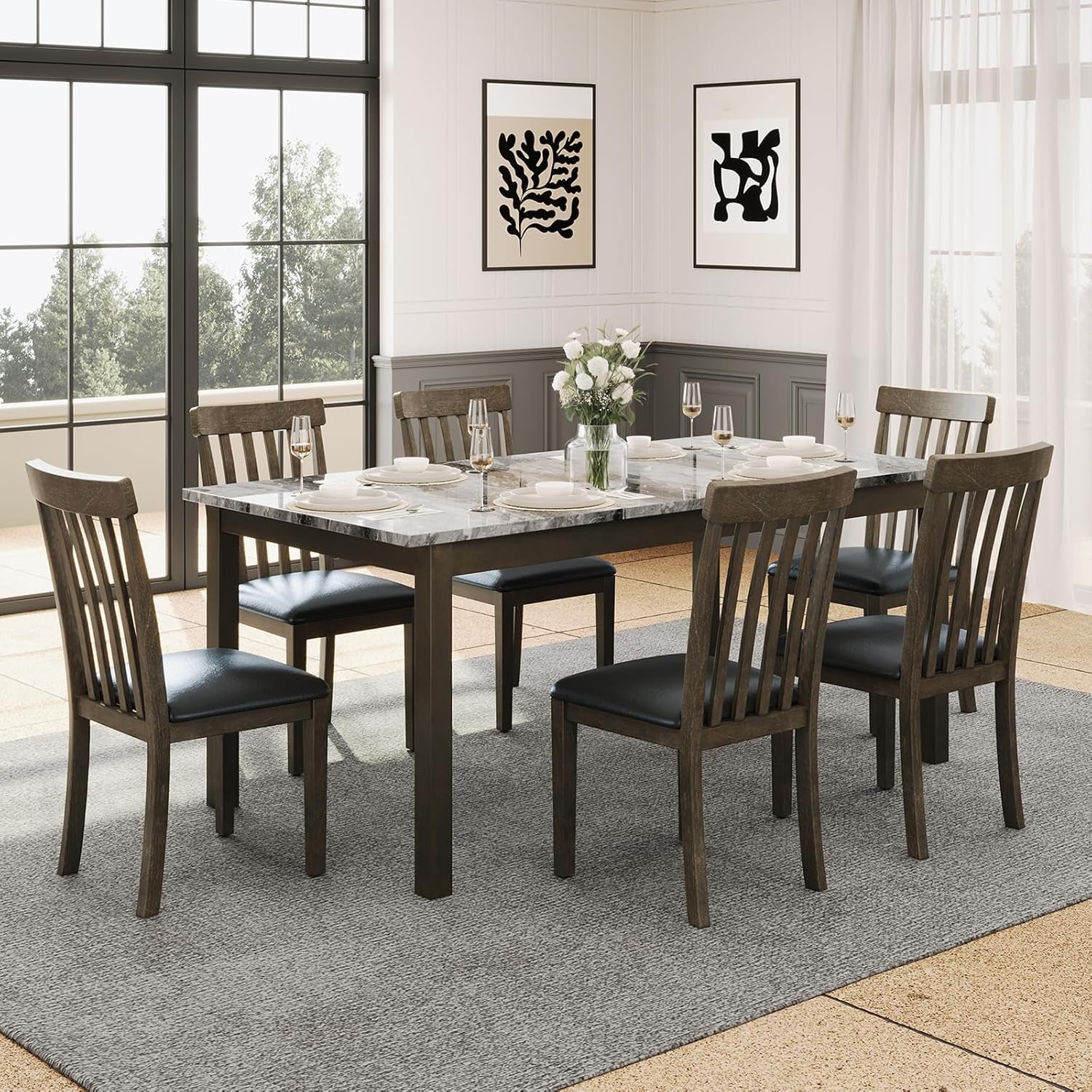 7-Piece Dining Table Set, 71" Faux Marble Modern Table with 6 PU Leather Upholstered Chairs, Heavy-Duty Solid Wood Set for Kitchen & Dining Room, Dark Brown