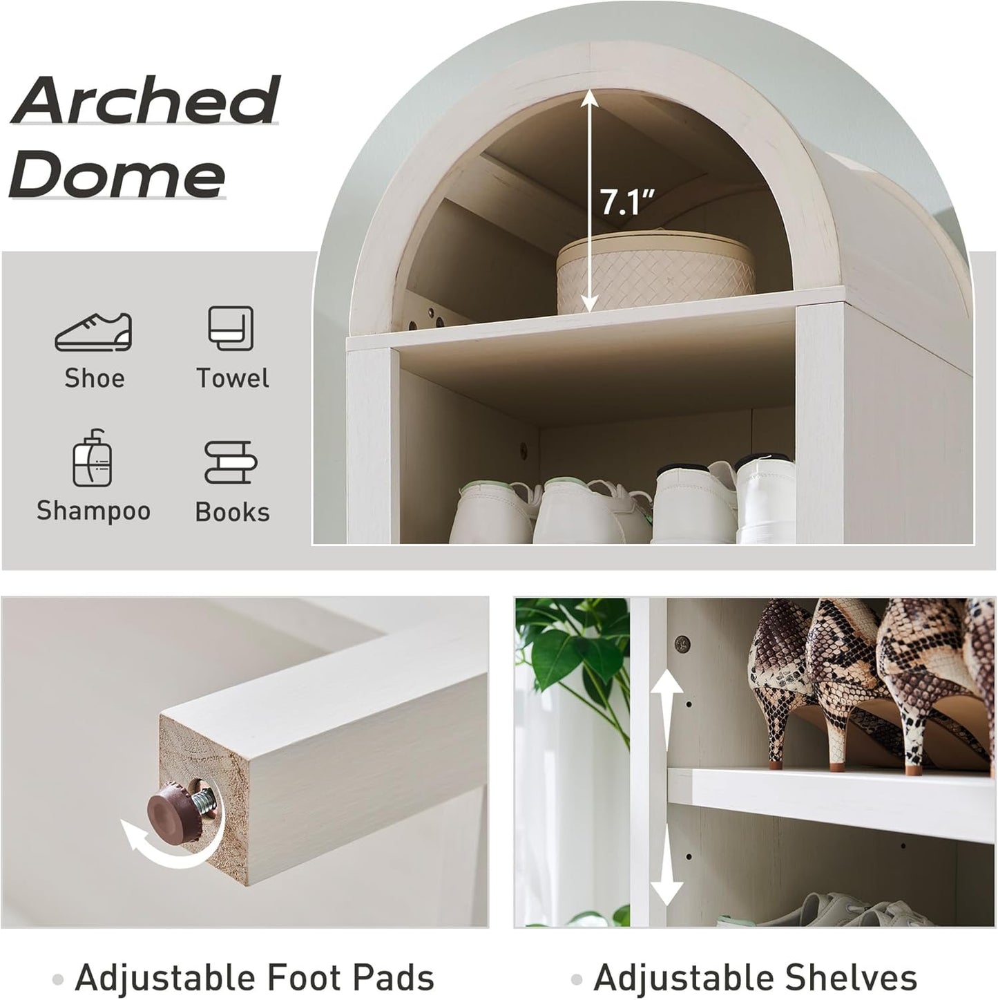 71" Tall Arched Bookshelf, 8 Tiers Arch Bookcase with Storage, Modern Farmhouse Book Shelf with Adjustable Shelves, Wood Bookshelf W/Open Display Shelves for Living Room, Office (Antique White)