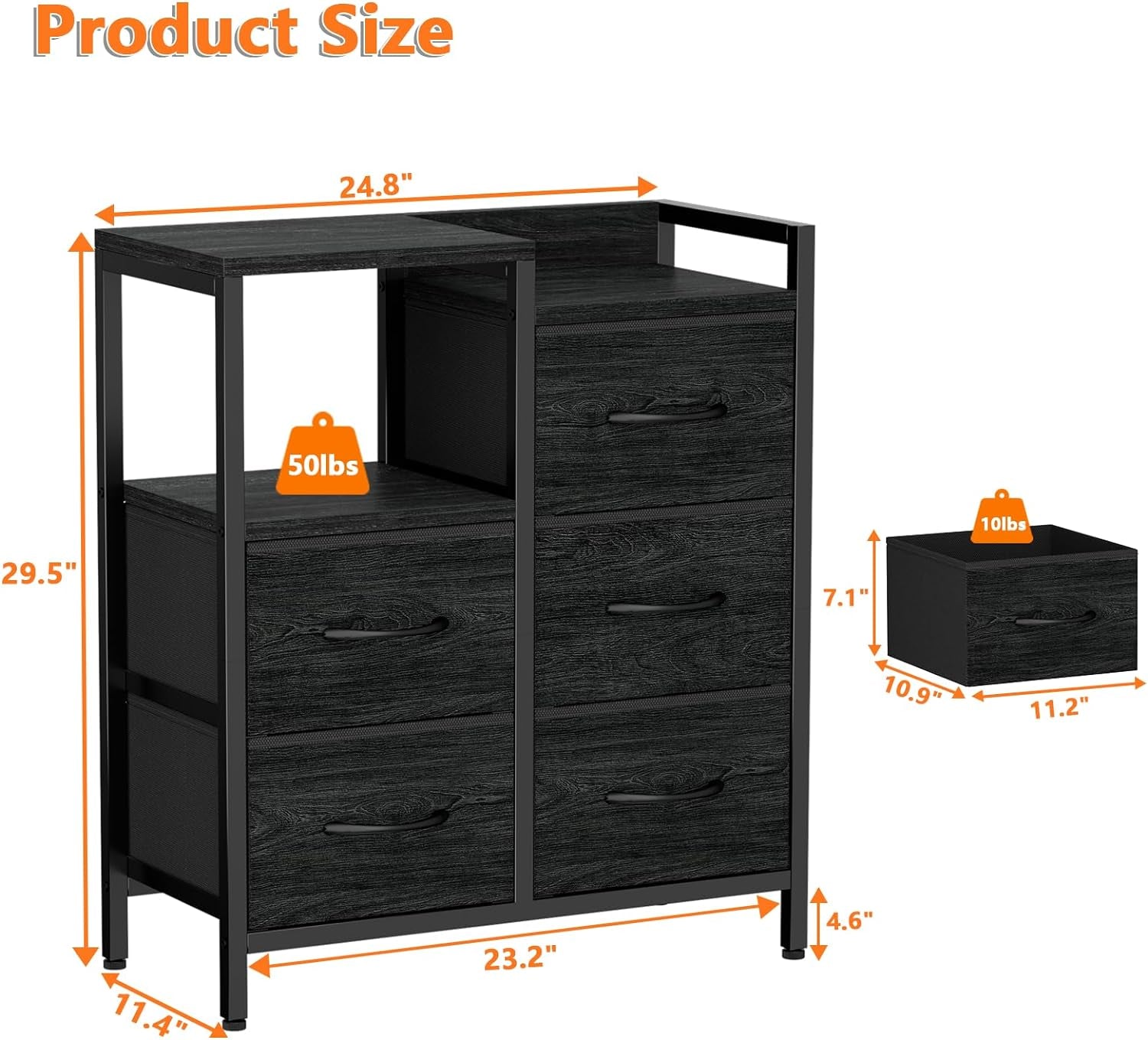 5 Drawer Black Dressers for Bedroom 2 Tier Shelf Storage Small Fabric Dresser for Closet Sturdy Metal Frame Modern Style Storage Cabinets Organization Units for Hallway Rooms