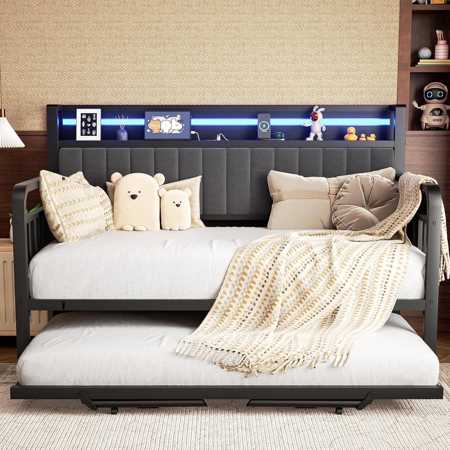 Daybed with Trundle and LED Light, Heavy Duty Metal Twin Bed Frame with Upholstered Storage Headboard & Charging Station, Day Bed Pop up Trundle Bed Twin for Living Room,Bedroom and Guest Room, Black
