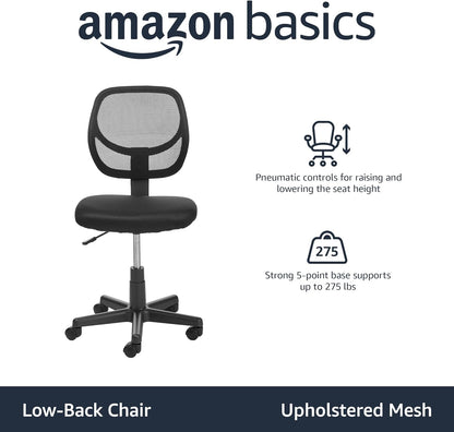 Rolling Desk Chair, Adjustable, Low Back, Padded Seat, Breathable Mesh, Swivel, Black, 21.25" D X 22.5" W X 38" H