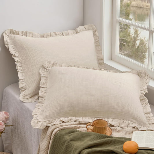 Cotton Muslin Ruffle Pillow Shams King Size, 36" X 20", 2 Pack 3-Layer Gauze Pillow Cases, No Filling, Ultra Soft Breathable Pillowcases for Vintage Decor, Natural