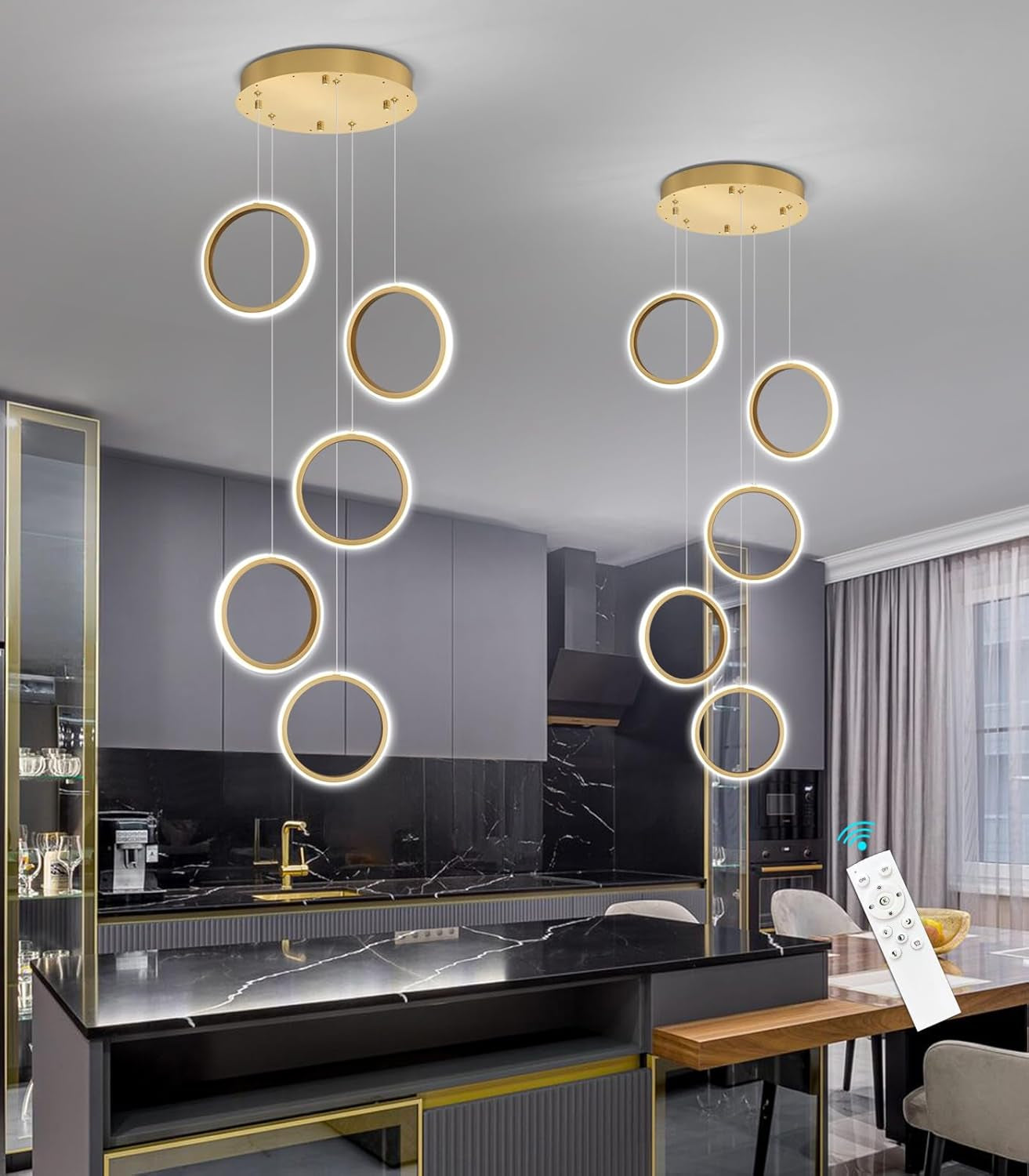 5 Rings Modern LED Chandelier Dimmable Dining Room Light Fixture with Remote 45W Gold Pendant Light for Living Room Foyer