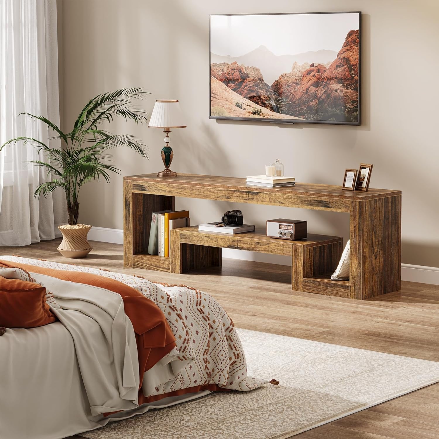 63-Inch TV Stand for 55/60/65/75-Inch Tvs, Farmhouse Entertainment Center with Open Storage Shelves, Rustic Brown Television Console for Living Room, Bedroom