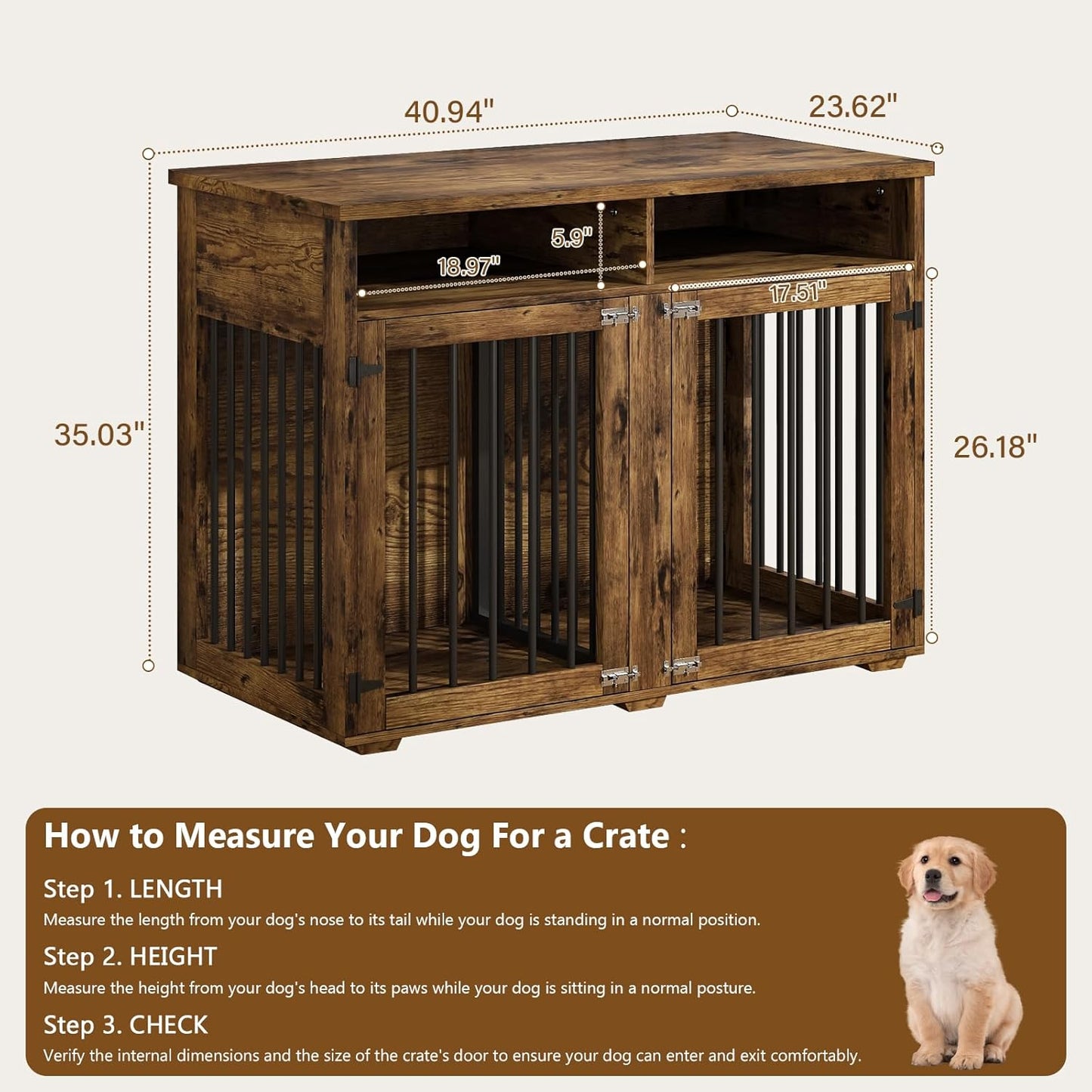 Furniture Dog Crate for 2 Dogs, 41 Inch Dog Kennel Furniture with Removable Divider and Shelf Storage, Wooden Dog Crate for Small/Medium Dogs, Grey