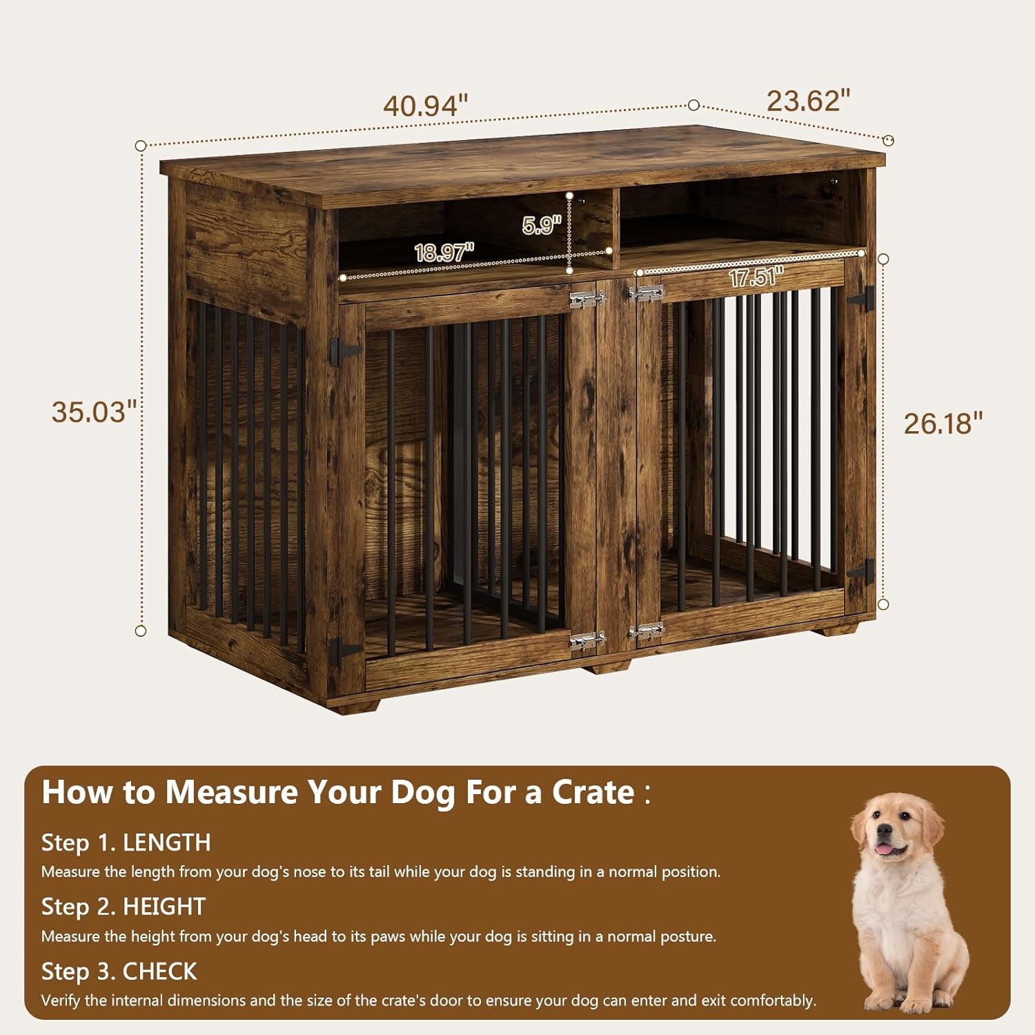 Dog Crate Furniture for 2 Dogs, 55 Inch Dog Crate Indoor with Removable Divider and Shelf Storage, Wooden Dog Crates for Medium Dogs, White