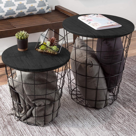 End Tables Set of 2 - Nesting Tables with Removable Wood Tops and Metal Basket Bases for Blanket Storage - round Side Pieces for Living Room, Bedroom, or Home Office by  (Black)