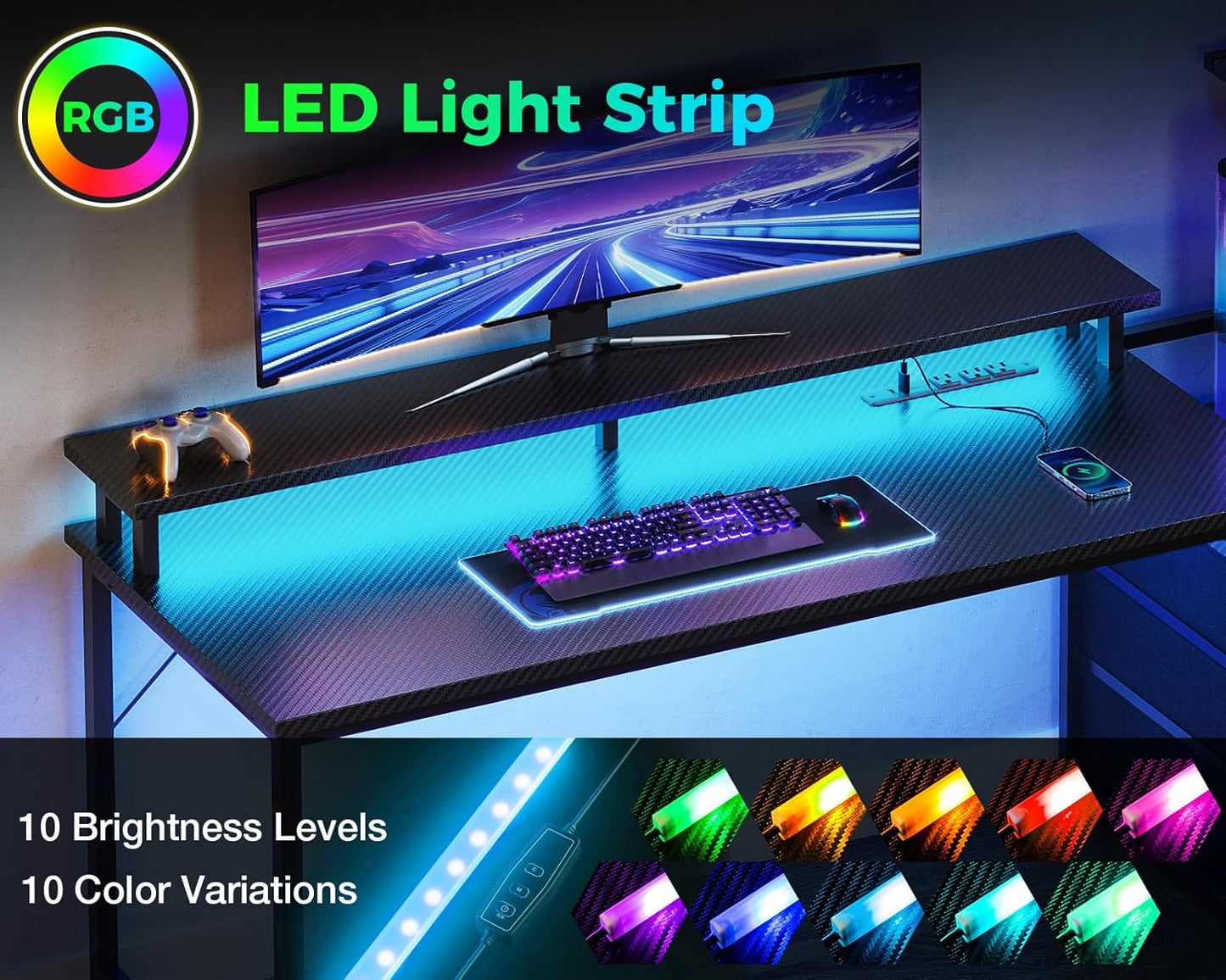 59 Inch Gaming Desk with USB Charging Ports & LED Light- Reversible Computer Desk with Storage Shelves & Monitor Stand, Modern Gamer Desk Table with Fabric Drawers & Side Hook, Carbon Fiber Black