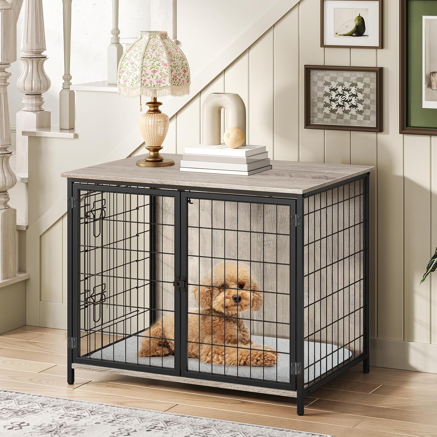 Dog Crate Furniture with Cushion, Wooden Dog Kennel with Double Doors, Heavy Duty Dog Cage for Small/Medium/Large Dogs, Indoor Dog House End Table, 31.5" L, Greige DCHG0701