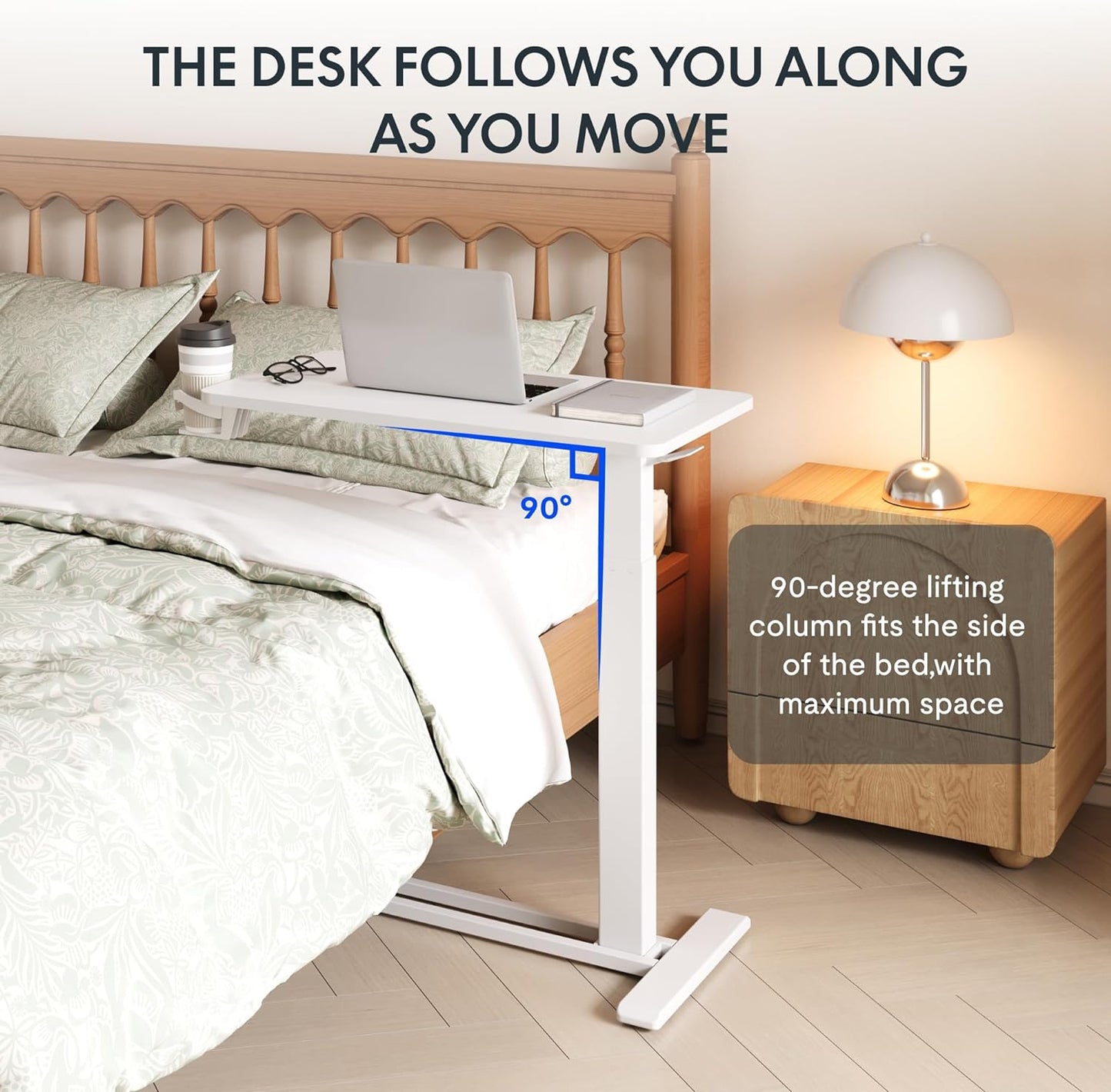 H7 Adjustable Overbed Bedside Table with Wheels Pneumatic Mobile Standing Desk Laptop Desk Rolling Computer Cart Movable Overbed Table Hospital Home Use(27.6" W X 15.7" D, White)