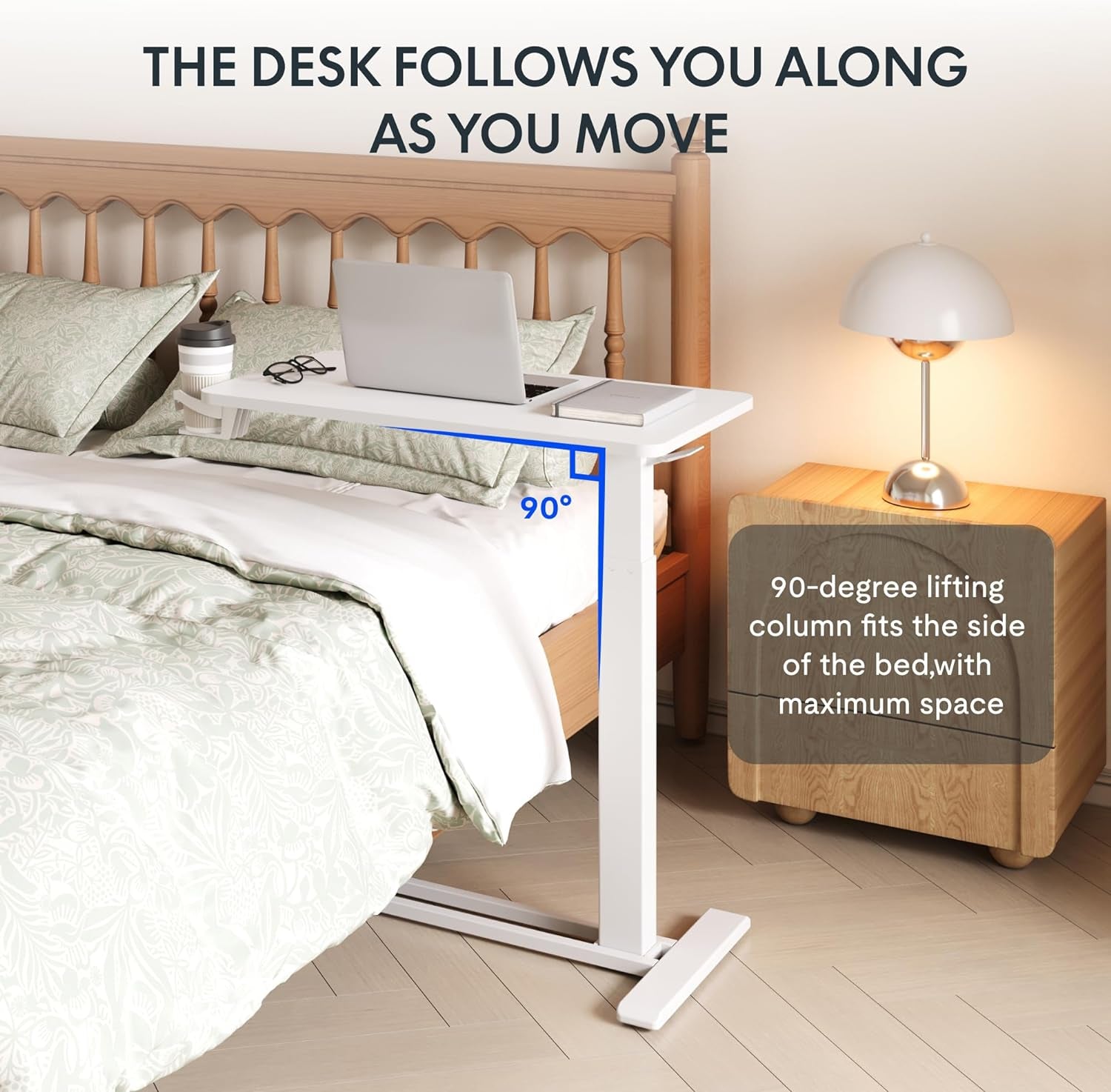 H7 Adjustable Overbed Bedside Table with Wheels Pneumatic Mobile Standing Desk Laptop Desk Rolling Computer Cart Movable Overbed Table Hospital Home Use(27.6" W X 15.7" D, White)