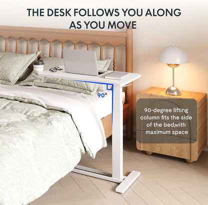H7 Adjustable Overbed Bedside Table with Wheels Pneumatic Mobile Standing Desk Laptop Desk Rolling Computer Cart Movable Overbed Table Hospital Home Use(27.6" W X 15.7" D, White)