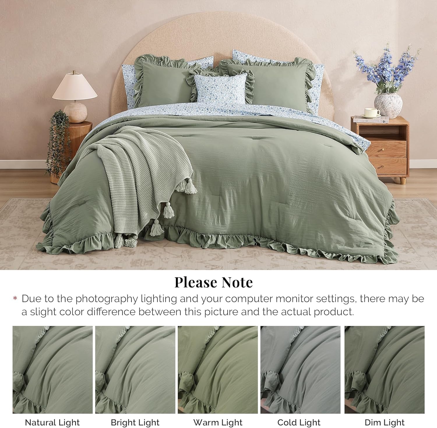 Queen Comforter Set - 7 Pieces Ruffle Sage Green Bedding Sets, Shabby Chic Farmhouse Bed in a Bag Queen with Ruffle Comforter, Floral Sheets, Pillowcases & Shams