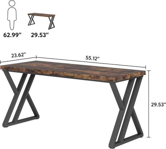 Writing Computer Desk, 55 Inch Heavy Duty Study Desk with Z-Shaped Metal Leg, Modern Simple Home Office Computer Desk, Rustic Brown