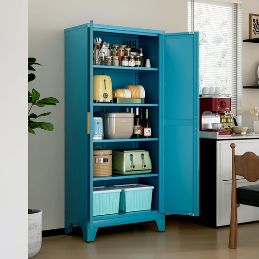 71" Tall Metal Storage Cabinet with 2 Doors and 4 Adjustable Shelves, 5-Tier Kitchen Pantry Storage Cabinet for Kitchen, Living Room, Dining Room and Office, Blue