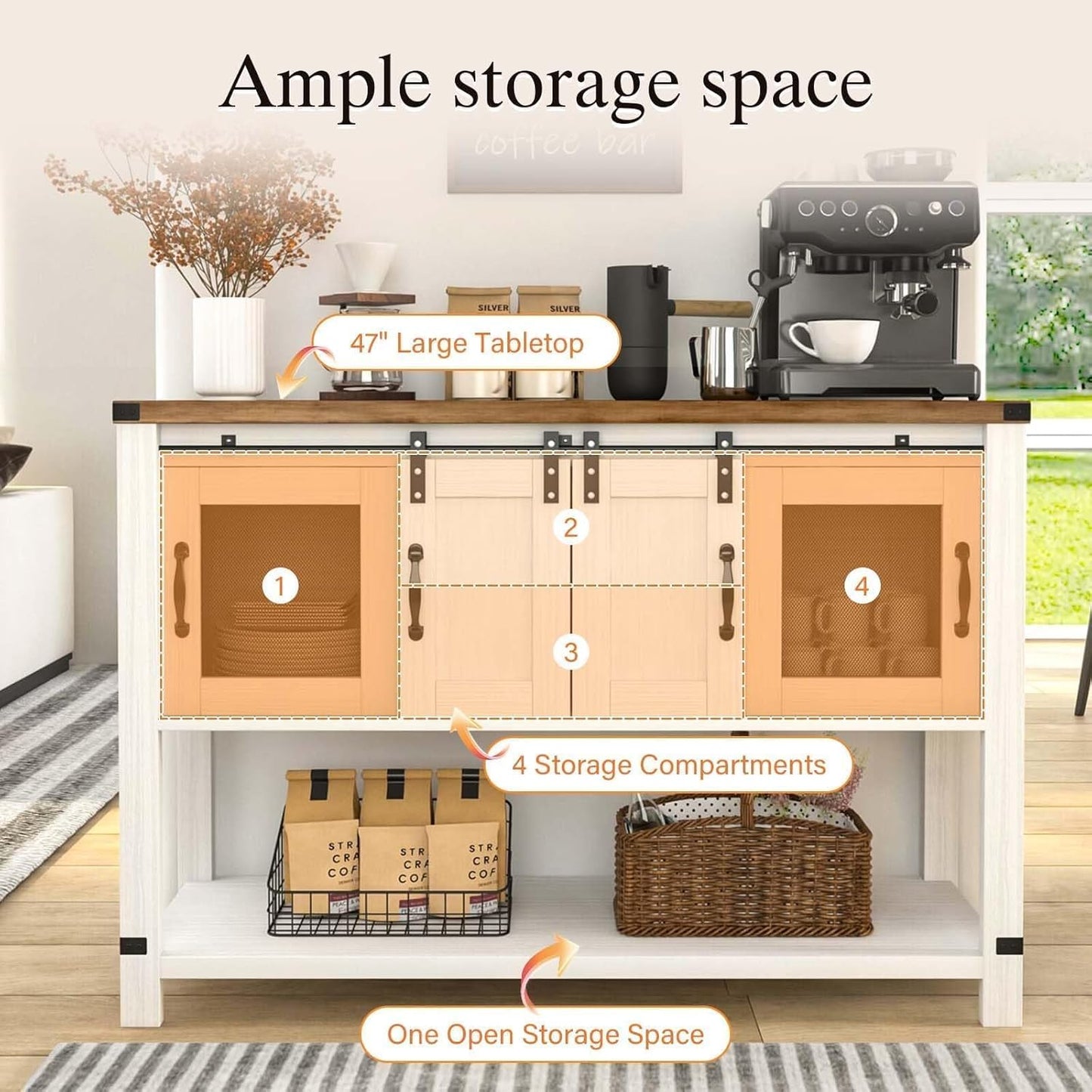 Farmhouse Coffee Bar Cabinet with Storage, 47'' Coffee Bar Table with Sliding Barn Door, White Coffee Buffet Cabinet with Metal Mesh Doors, Console Table with Bottom Open Shelf, Living Room