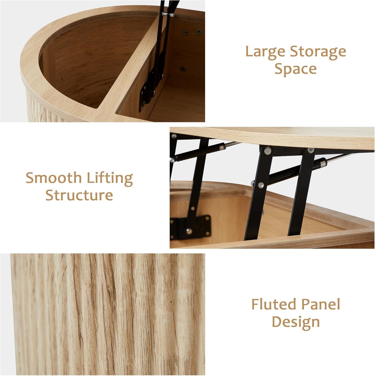 Lift Top Coffee Table, Fluted Coffee Table with Lifting Top, Wooden Lift up Dining Table with Hidden Compartment, Center Table for Living Room, Office - Oak
