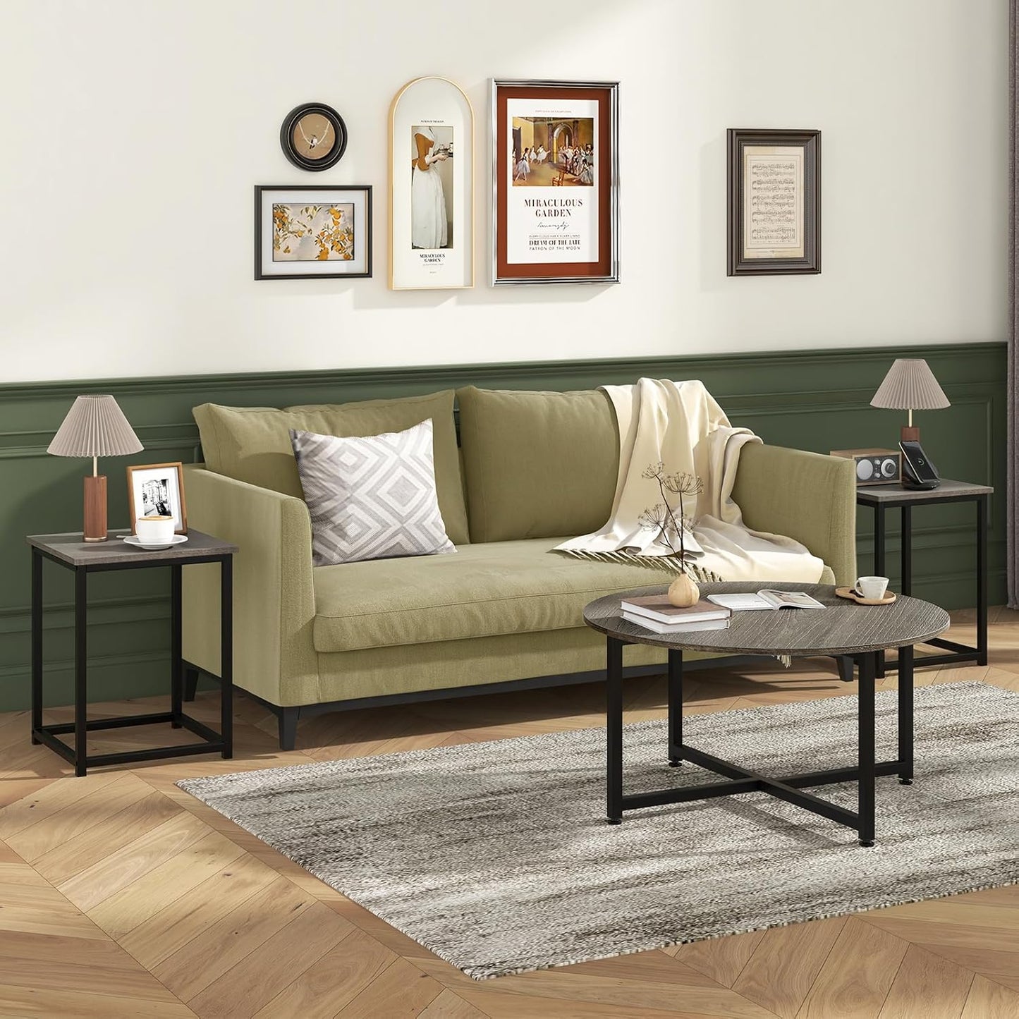 round Nesting Table Set of 3, Farmhouse Coffee Table W/2 End Tables, Sturdy Metal Frame, 3-Piece Wooden Living Room Table Set for Home Office, Apartment (Black Oak)