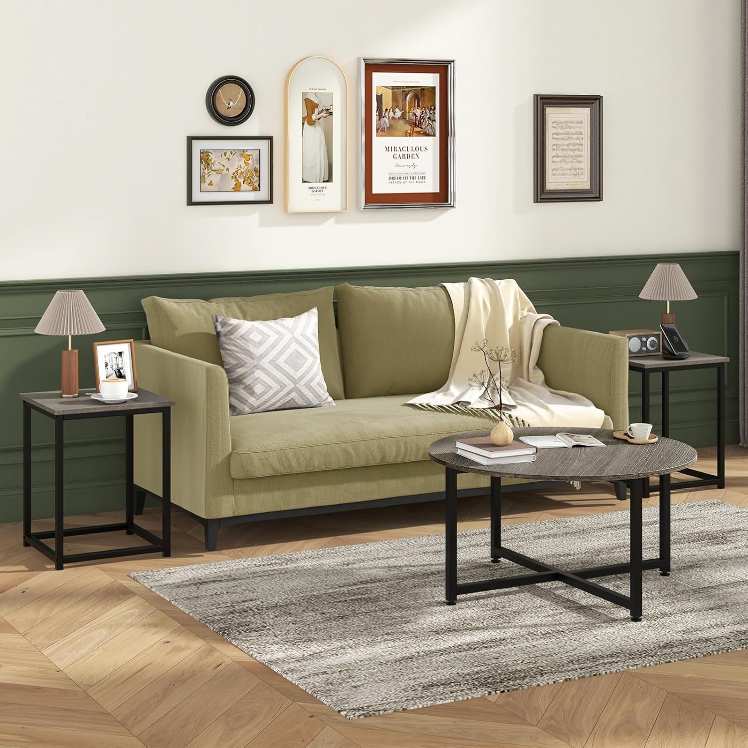 round Nesting Table Set of 3, Farmhouse Coffee Table W/2 End Tables, Sturdy Metal Frame, 3-Piece Wooden Living Room Table Set for Home Office, Apartment (Black Oak)