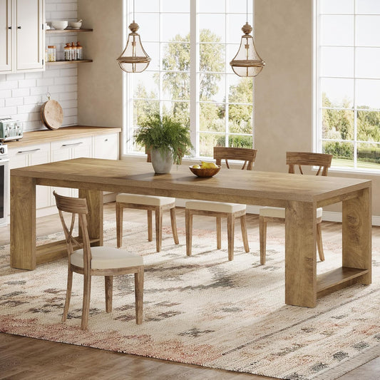 86.61-Inch Dining Table for 6-8 People, Modern Narrow Long Kitchen Table with Pedestal Base, Farmhouse Extra Long Rectangular Dining Room Furniture, 27.56 X 86.61 X 29.53 Inches, Oak