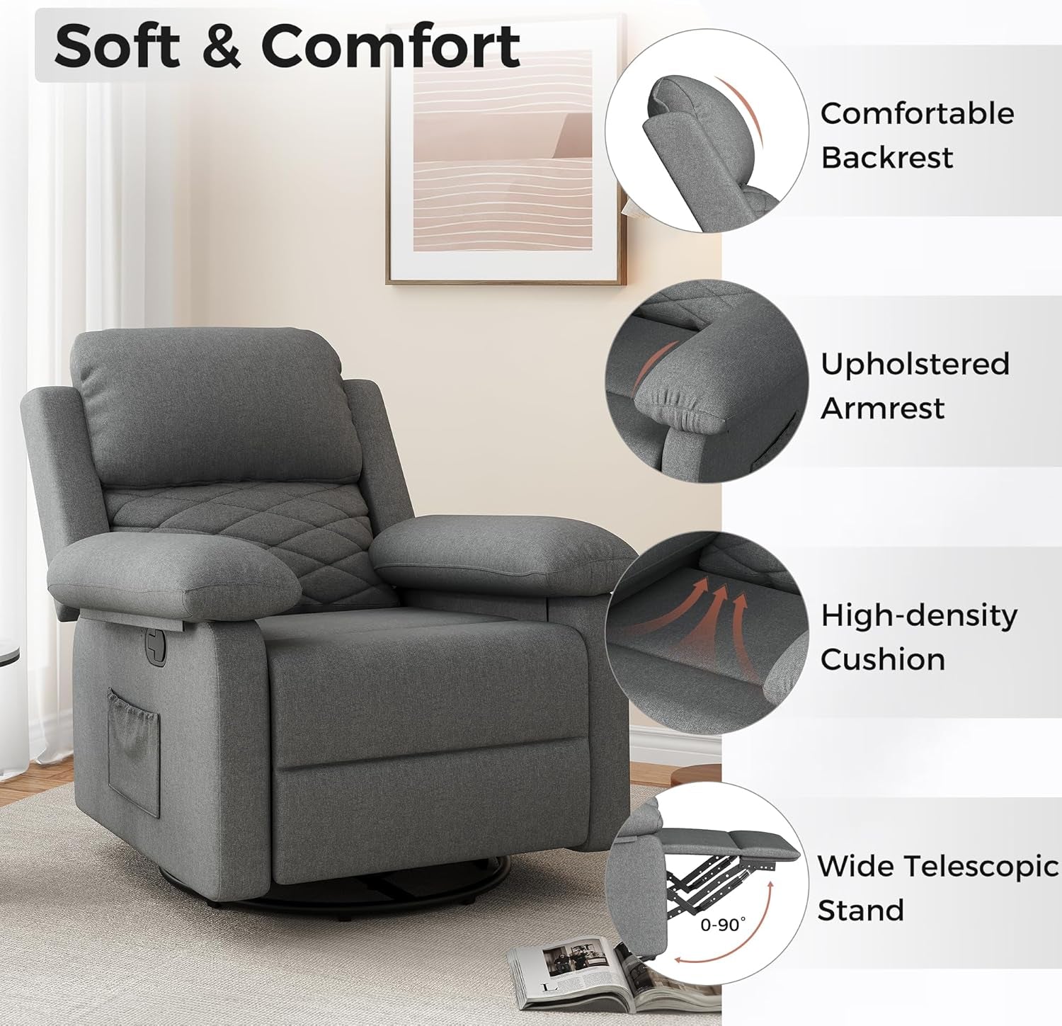 Glider Recliner for Adult Indoor Upholstered Lounge Nursery Chair Swivel Single Sofa with Side Pockets for Living Room Bedroom(Grey)