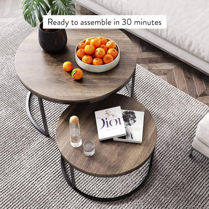 Stella round Modern Nesting Coffee Set of 2, Stacking Living Room Accent Tables with an Industrial Wood Finish and Powder Coated Metal Frame, Warm Nutmeg/Matte Black