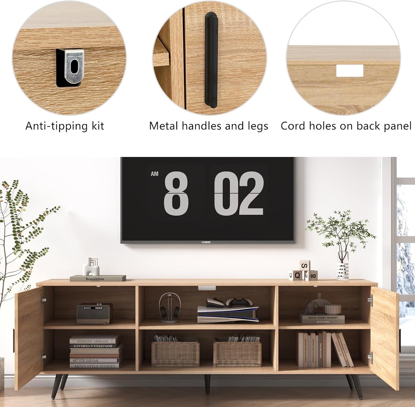 Mid Century Modern TV Stand - 70" for 75" TV, Wood with Storage, Entertainment Center for Living Room & Bedroom, Media Console, Oak