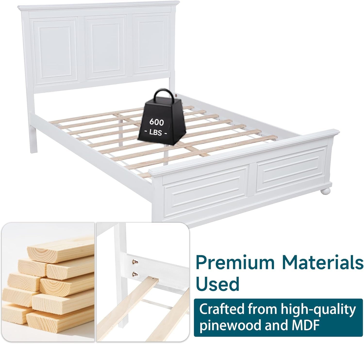 Farmhouse Queen Size Bed Frame with 52" Tall Headboard, Wood Platform Bed Frame with Footboard, Mid-Centery Queen Beds with Slats Support, No Box Spring Needed, White