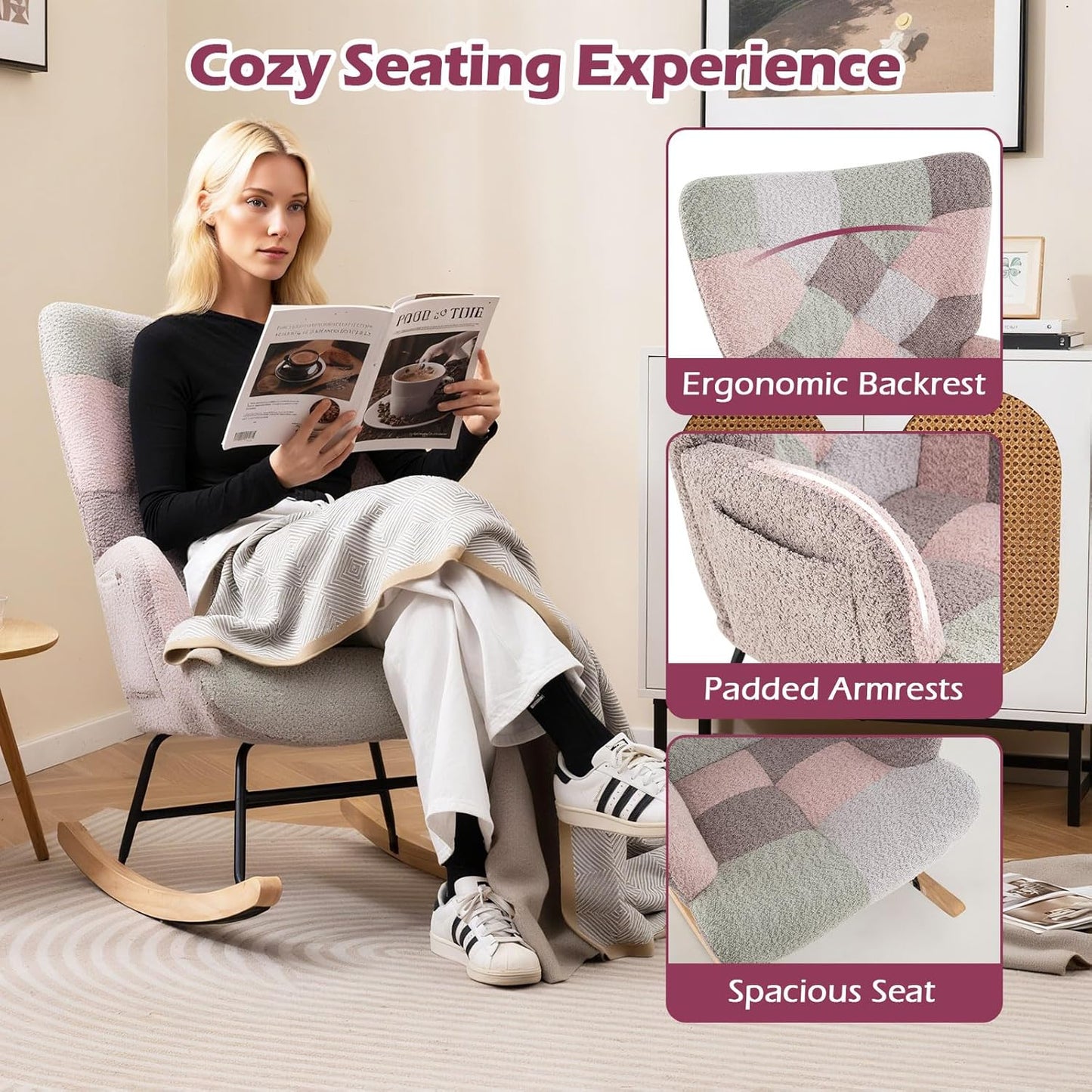 Rocking Chair Nursery, Boucle Upholstered Glider Rocker W/Ergonomic High Backrest, Rubber Wood Legs & Side Pocket, Patchwork Modern Accent Chair for Bedroom, Living Room, Offices