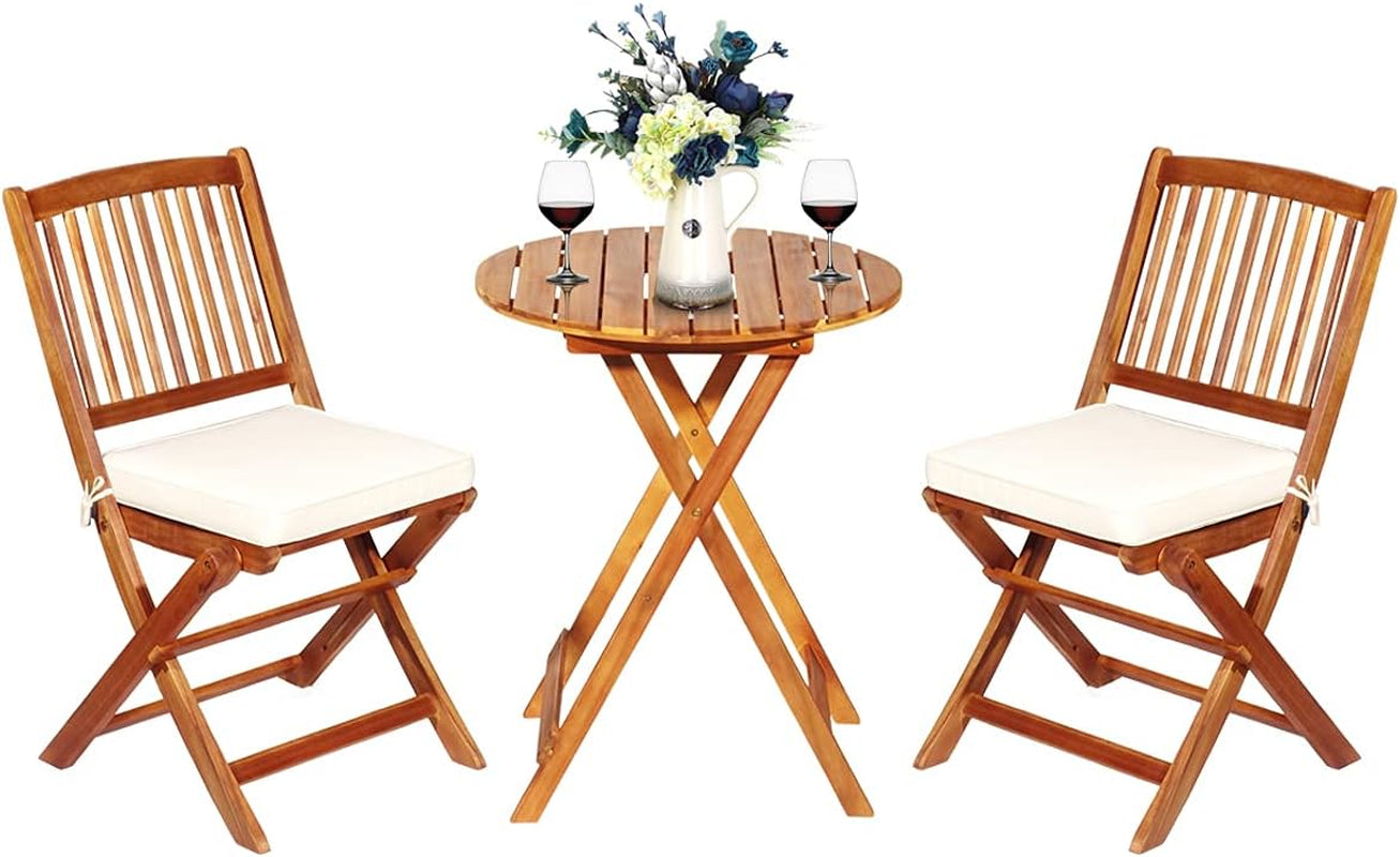 3-Piece Acacia Wood Folding Patio Bistro Set, Small Outdoor Balcony Furniture, round Coffee Table and 2 Chairs with Soft Cushions, Teak Table Set for Porch, Backyard, Deck (Cream White)