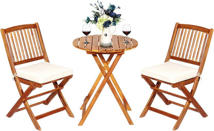 3-Piece Acacia Wood Folding Patio Bistro Set, Small Outdoor Balcony Furniture, round Coffee Table and 2 Chairs with Soft Cushions, Teak Table Set for Porch, Backyard, Deck (Cream White)