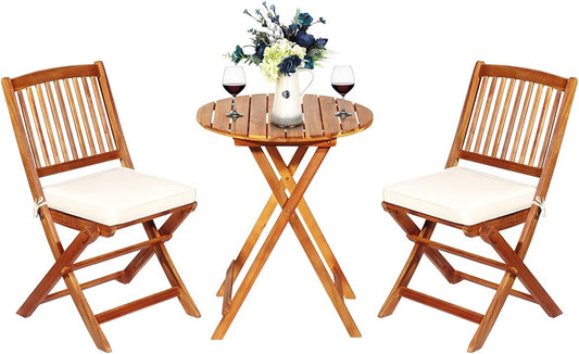3-Piece Acacia Wood Folding Patio Bistro Set, Small Outdoor Balcony Furniture, round Coffee Table and 2 Chairs with Soft Cushions, Teak Table Set for Porch, Backyard, Deck (Cream White)