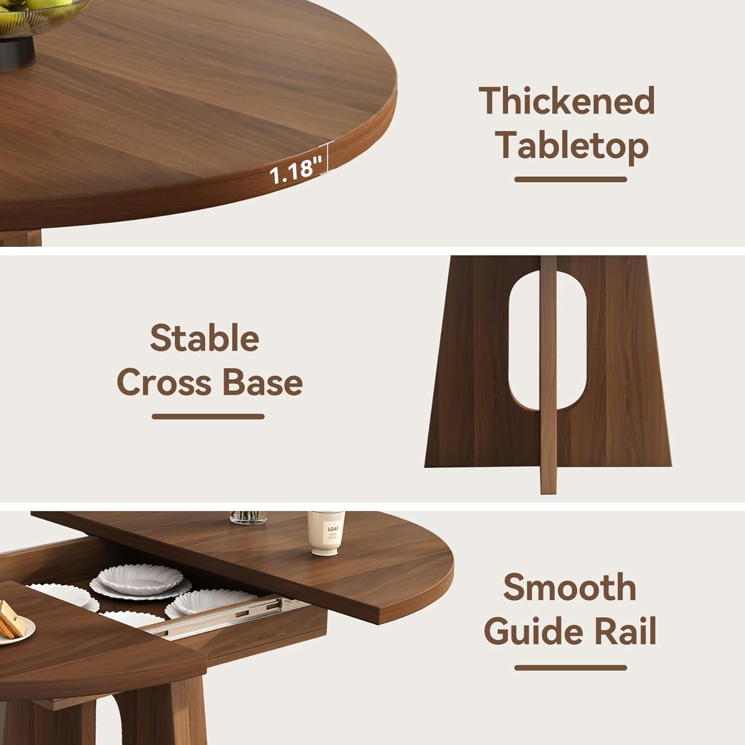 59-Inch Extendable round Dining Table for Dining Room, 4-6 People Farmhouse Oval Wood Expandable Kitchen Dinner Table with Heavy Cross Pedestal for Living Room, Apartment, Dark Brown Walnut