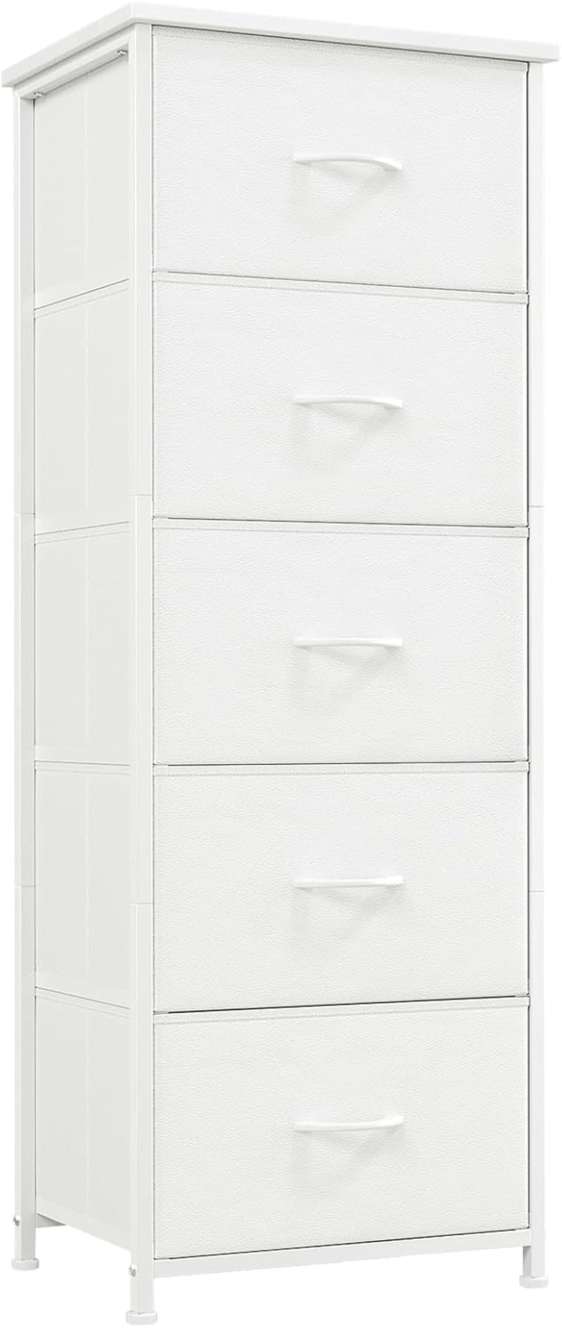 Tall Dresser for Bedroom with 5 Drawers, Storage Organizer Chest of Drawers with Removable Fabric Bins for Closet Bedside Nursery Laundry Living Room Entryway Hallway, White Leather