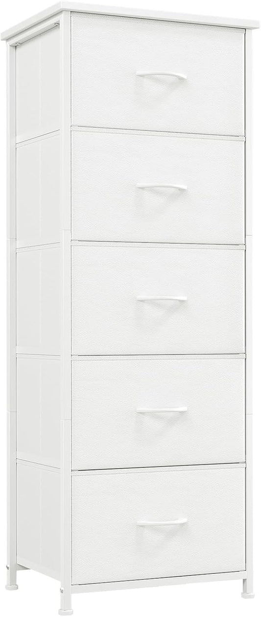 Tall Dresser for Bedroom with 5 Drawers, Storage Organizer Chest of Drawers with Removable Fabric Bins for Closet Bedside Nursery Laundry Living Room Entryway Hallway, White Leather
