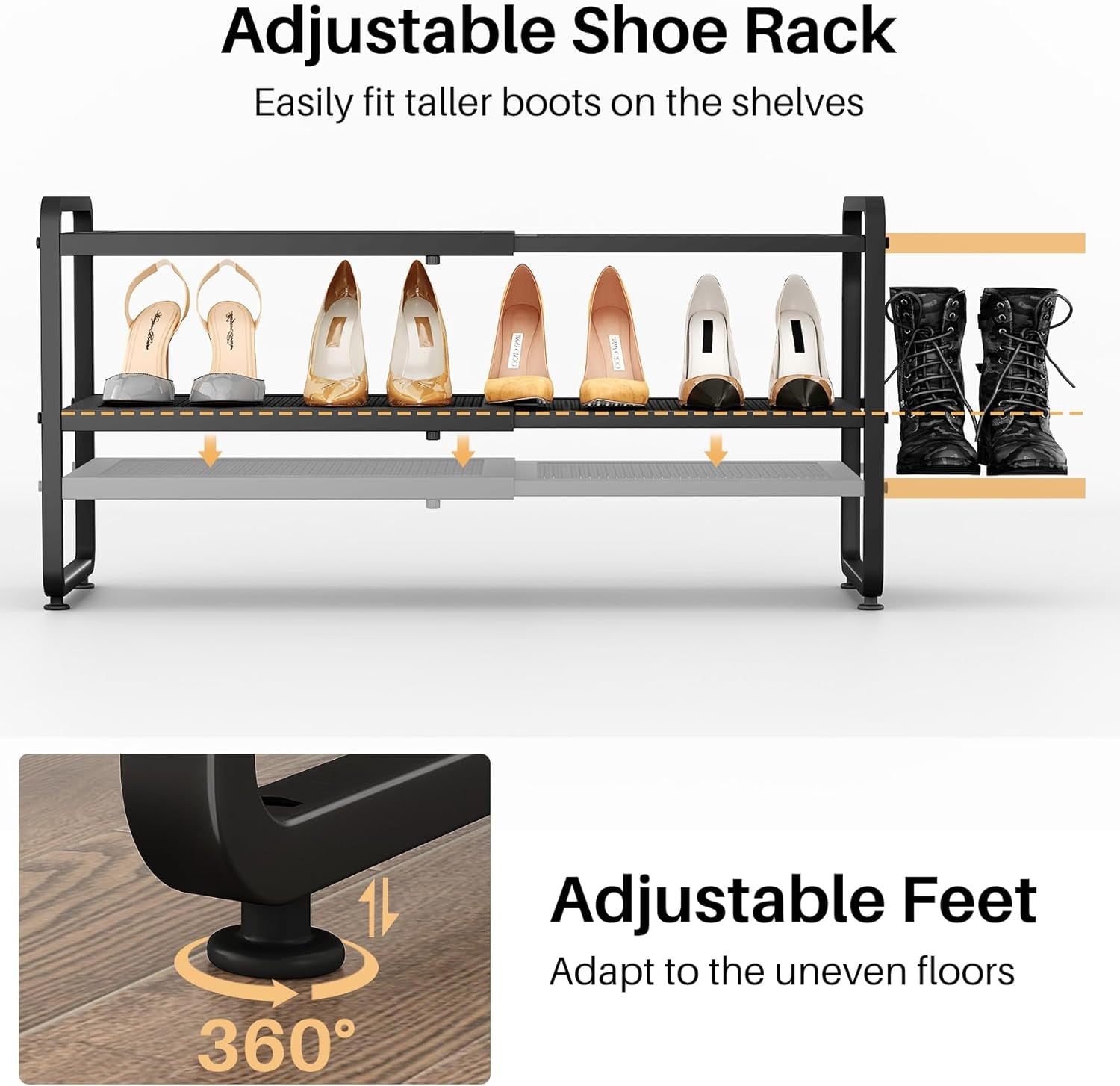 Shoe Rack - Expandable Shoe Organizer for Closet, Adjustable Metal Shoe Shelf Storage, Stackable Long Shoe Stand Holder for Garage, Entryway, Door Entrance (Black, 2-Tier)